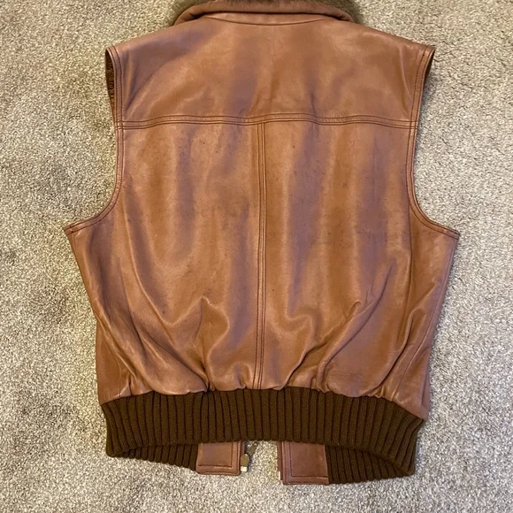 VTG Moda International Brown Leather Vest with Faux Fur Size M Aviator Bomber - Picture 8 of 13